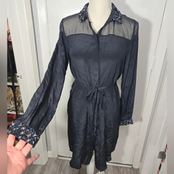 French Connection Silk Button Up Dress Long Sleeve With Sequins Detail Sz 2 - Picture 1 of 12